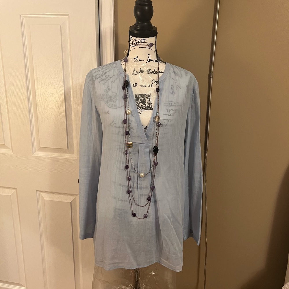 Theory Ofeliah Cotton Tunic Top, Back Button Vent - Sky Blue L